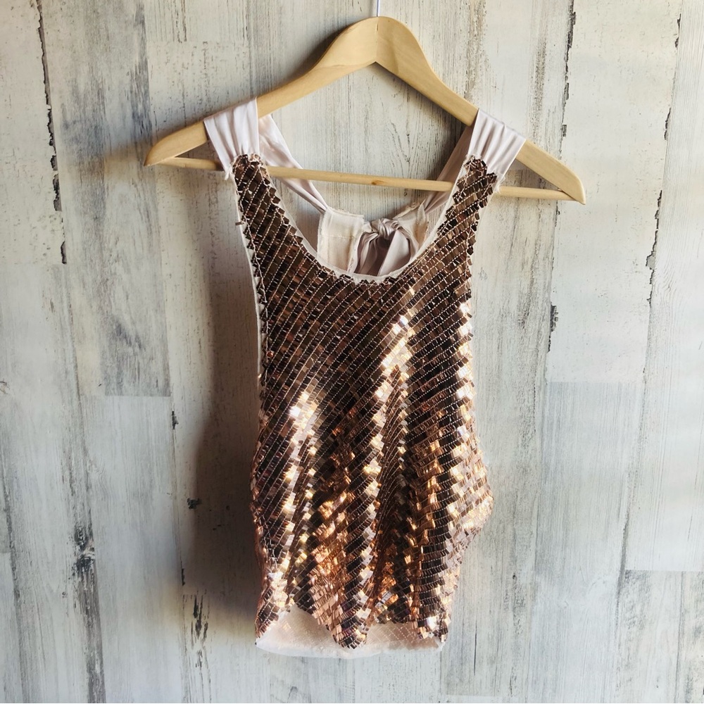 NWT Free People Intimately Disco Fever Cami XS Sequin Champagne Combo Bow Back